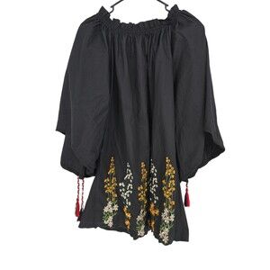 Velzera Size Large Womens Tunic Top Black Boho Hippie Floral Embroidered NWT